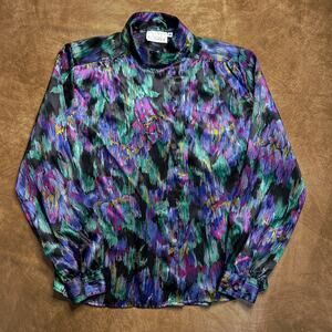 Peters & Ashley Vintage Abstract Print Satin Mock Neck Blouse Puffy Sleeve 80s